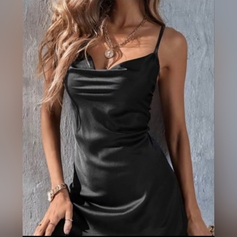 Forever 21 Black Satin Cowl Slip Mini Dress | Size Small
